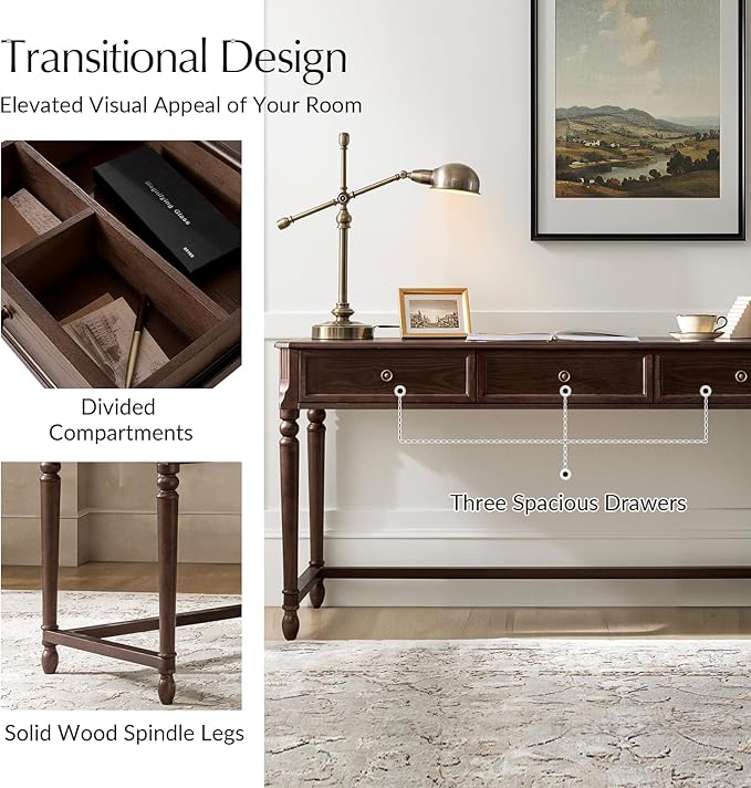 HULALA HOME 60 Home Office Desk with Storage 3 Drawers Writing Desk with Solid Wood Spindle Legs Wood Computer Desk with Charging Station Solid Wood Veneer Finish Auburn