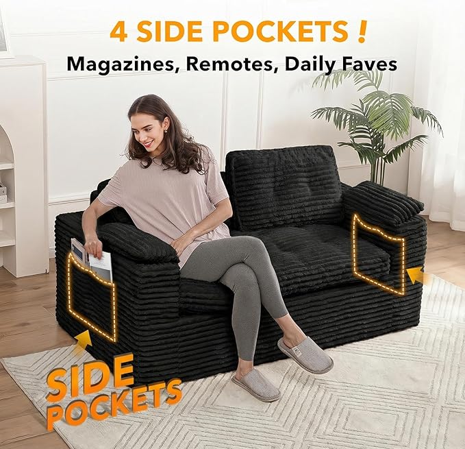 Boneless Loveseat Sofa 60in Cloud Couch Sofa for Living Room 2 Seater Modern Lounge Sleeper Couch with Removable Cover Corduroy with Armrest Seat Cushion &amp Pillows for Small Spaces Black