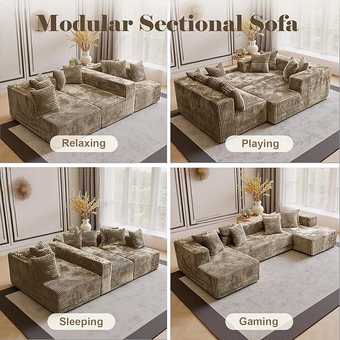 130'' U Shaped Couched for Living Room Cloud Modular Sectional Couch with 2 Chaise Lounge Modern Minimalist Upholstered Sofa Sleeper Deep Seat Corner Couch No Assembly Required Light Coffee