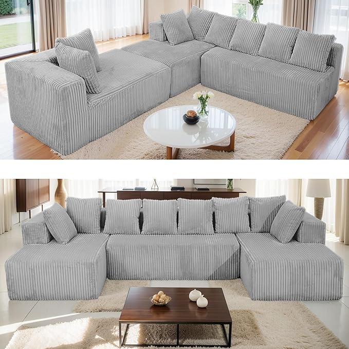 130 Modular Sofa Couch Convertible Sleeper Sofa Corduroy Sectional Sofa for Living Room Modern Cloud Couch with Deep Seat Chaise Comfy Oversize 4-6 Seat No Assembly (Gray)