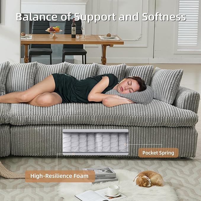 129'' Modern Sectional Sofa4-5 Seater Upholstered Couches with 10 CushionsHigh Density Sponges Cloud Couch L-Shape Left SofaCorduroy Sponge Sofa for Living RoomNo Assembly Required(Gray)