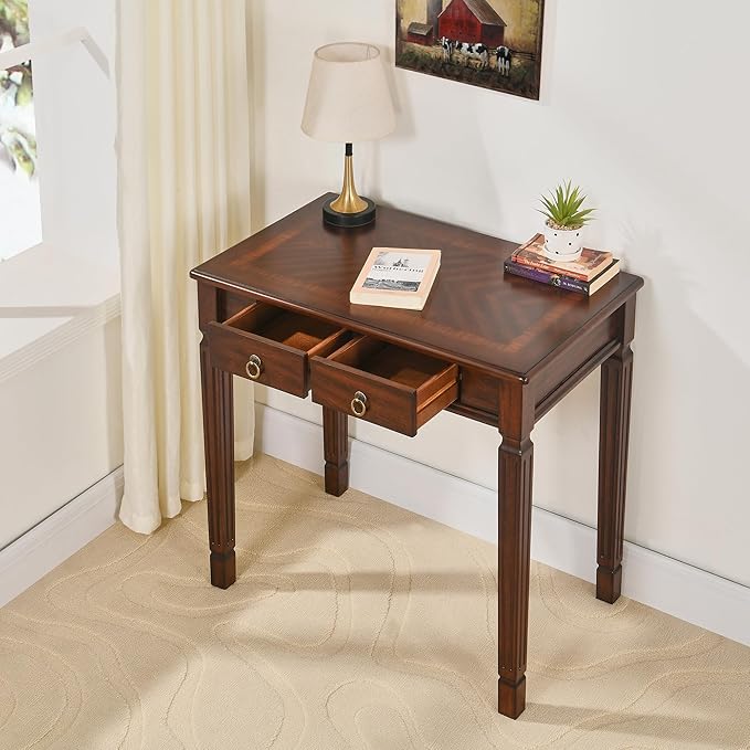 Vintage Wooden Writing Desk with 2 Drawers Small Computer Desk Workstation 31.5in Wide Study Table for Home Office Small Secretary Table in Cherry Walnut SSZ-D1258