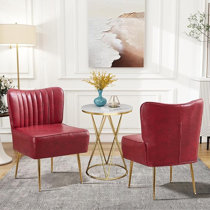 PU Leather Armless Accent Chair Set of 3Modern Comfy Living Room Slipper Chairs with Golden LegsUpholstered Single Sofa Wingback Side Corner Chair for BedroomSmall SpaceWine Red