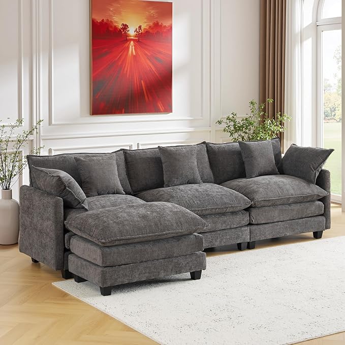 111.4 L-Shaped Cloud Chenille Sofa Sectional Couch with Reversible Chaise Flexible 3+1 Layout for Large Spaces Deep Seat and Free Pillows Included