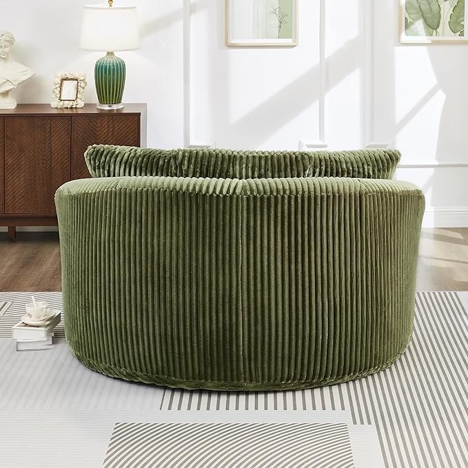 61-inch Boneless Round Chair Circle Corduroy Memory Foam Upholstered Chaise Lounge Indoor Comfy Reading Accent Deep Seat Sofa Chair for Living Room Bedroom Office No Assembly Required Green