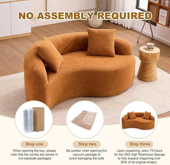 Modern Chenille S-Curved Modular Loveseat Sofa 66.9 Compression Sponge Boneless Couch No Assembly Required Cozy Upholstered Seating for Living Room Apartment Office or Meditation Space (Orange)