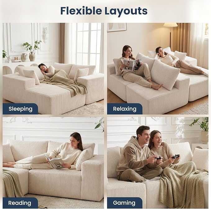 DUMOS 108 Boneless Couch Cloud Sectional Couch with L-Shape Chaise Modular Sectional Sofa with Deep Seat Upholstered Couch for Living Room Bedroom No Assembly Required (Beige Left Facing Chaise)