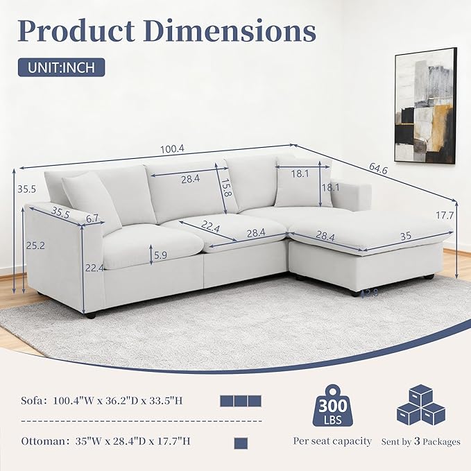 100.4 Modular Sectional Sofa Cloud Couch for Living Room Modern Convertible L Shaped Couch Set with Ottoman 4 Seater Polyester Fabric Sofa with 2 Pillows for Apartment Office (White)