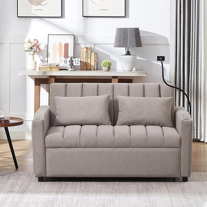Pull Out Sofa Bed 55.9 Convertible Sofa Bed with 360°Swivel Phone Holderm Two Side Pockets Two Cup Holders 3 Level Adjustable Backrest Bella Fabric Loveseat Sofa (Light Grey * Loveseat90)