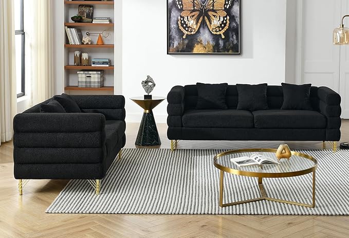 Comfy Loveseat Sofa 60-inch 2 Seater Boucle Couch with Deep Seat Design Upholstered Love Seat with 2 Pillows Modern Living Room Sofa with Stylish Metal Legs for Office Waiting Room Black Teddy