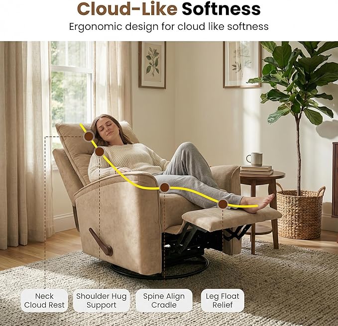360° Swivel Manual Recliner Chair Rocker Recliner Chair for Adults Nursery Rocker Reclining Chair with Lumbar Support Small Recliners for Small Spaces Living Room Bedroom Chenille Brown