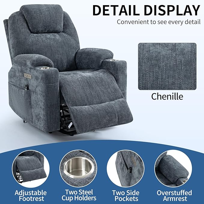 Chenille Electric Power Lift Recliner Chair Massage Single Sofa with Vibration Massage and Lumbar Heating Ergonomic Lounge Couch with Cup Holders and USB Charge Port for Living Room (Blue)