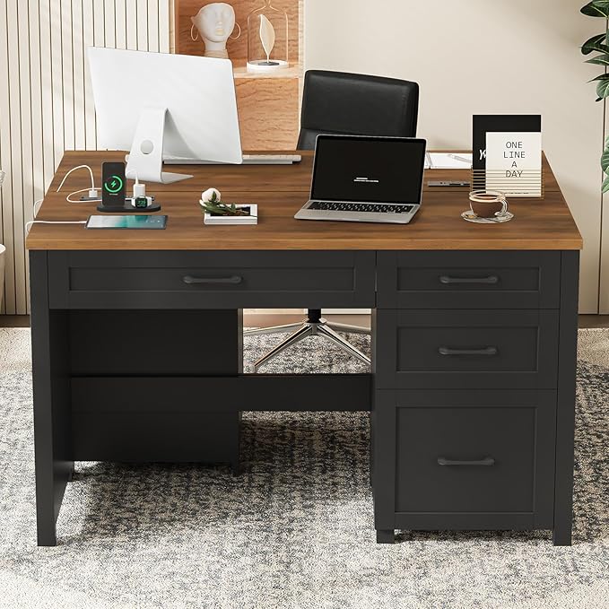 Vabches Farmhouse 47 Executive Desk with 4 Drawers Computer Desk with File Drawer and Charging Station Workstation for Home Office Study.（Black Brown）