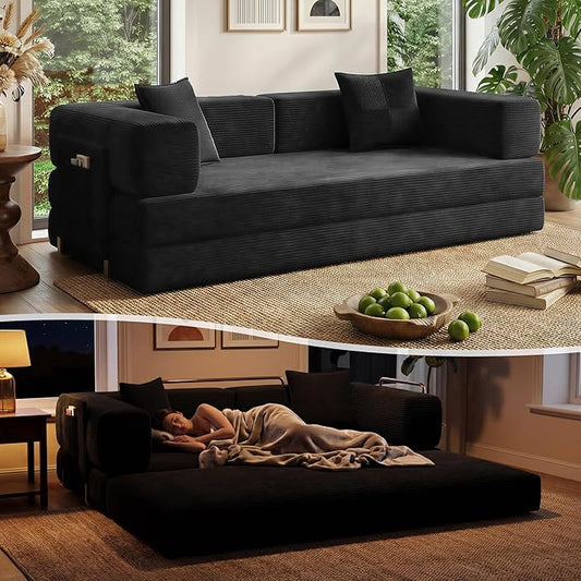 78.8 Convertible Sofa Bed with Armrest Pillow 4-in-1 Sleeper Couch Bed for Livingroom Modular Corduroy Boneless couches No Assembly (Black)