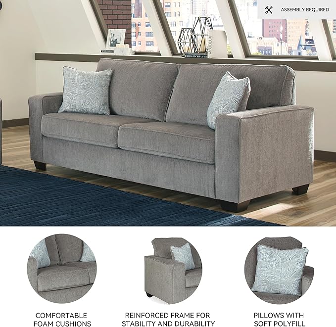 Signature Design by Ashley Altari Modern Queen Sofa Sleeper with 2 Accent Pillows Light Gray