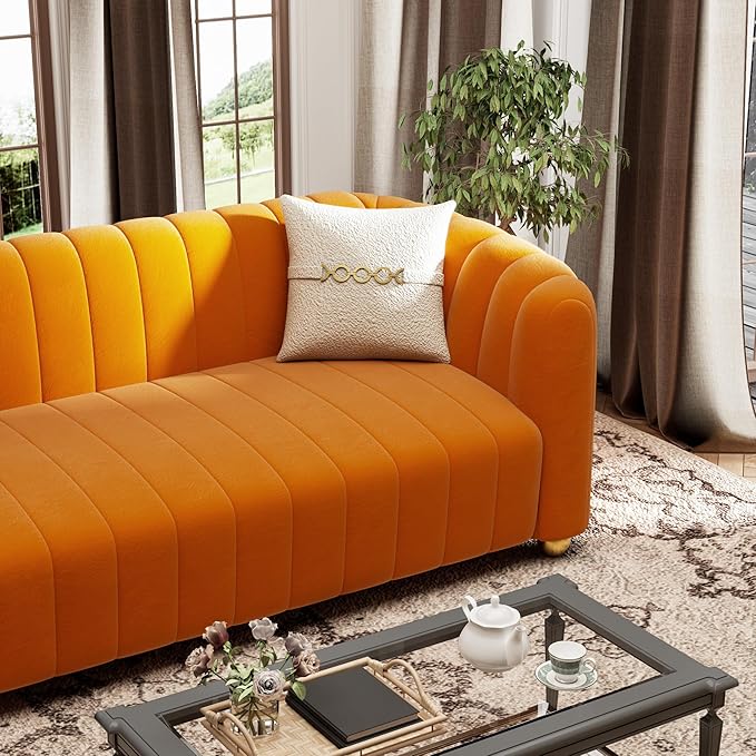 KEAI 83.46 Velvet Couch for Living Room Large Modern Sofa with Gold Metal Sphere Legs Office Upholstered Comfy 3 Seater Couches Cute Sherpa Bedroom Furniture (Orange)
