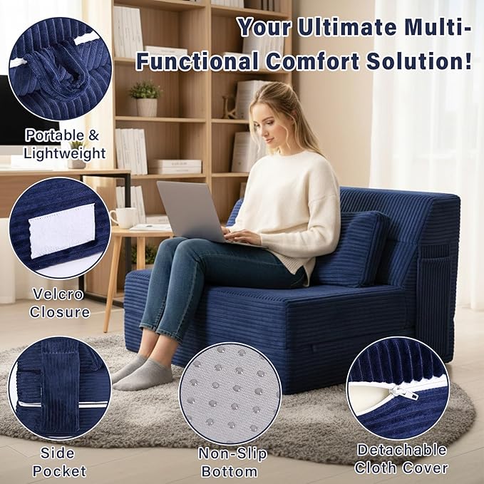 Tiita Folding Sofa Bed with Pillow Memory Foam Fold Out Chair Bed Single Size Convertible Chair Floor Couch &amp Sleeping Mattress Foldable Sleeper Sofa Bed for Guest Room Living Room Navy