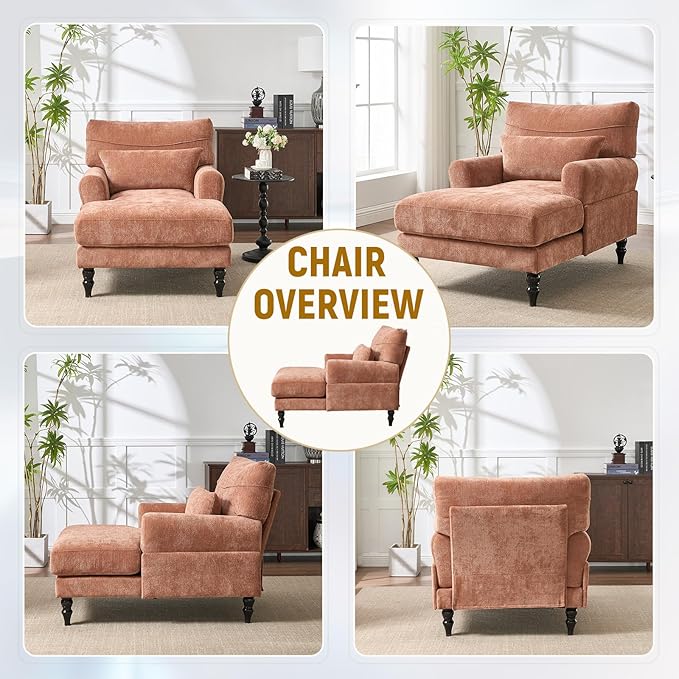 Accent Chair 51'' Modern Armchair for Living Room Upholstered High Back Lazy Sleeper Armchair Recliner for Woman Chaise Lounge Chair Indoor Single Reading Sofa Chair with Wood Legs (Orange)