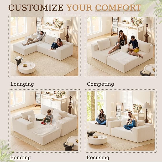 YESHOMY Boneless Couches for Living Room 108 Sectional Modular Sectional Sofa with Deep Seat Cloud Comfy Couch with L-Shape Chaise Easy Assembly (Corduroy Cream)