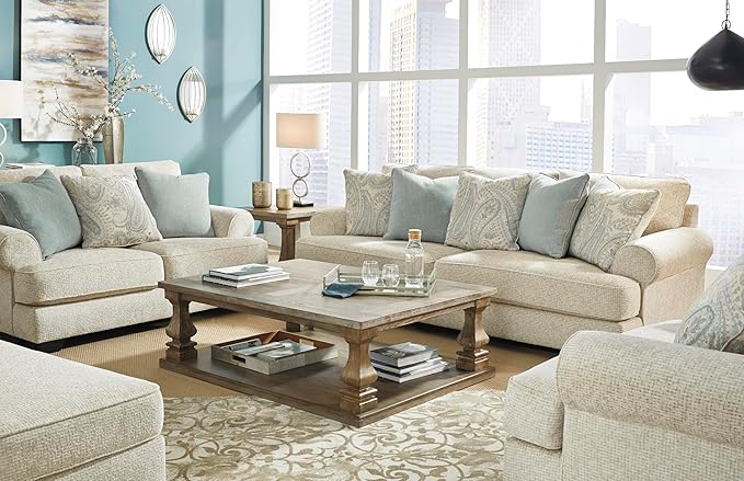 Signature Design by Ashley Monaghan Vintage Loveseat with Accent Pillows Reversible Cushions and Rolled Arms Beige