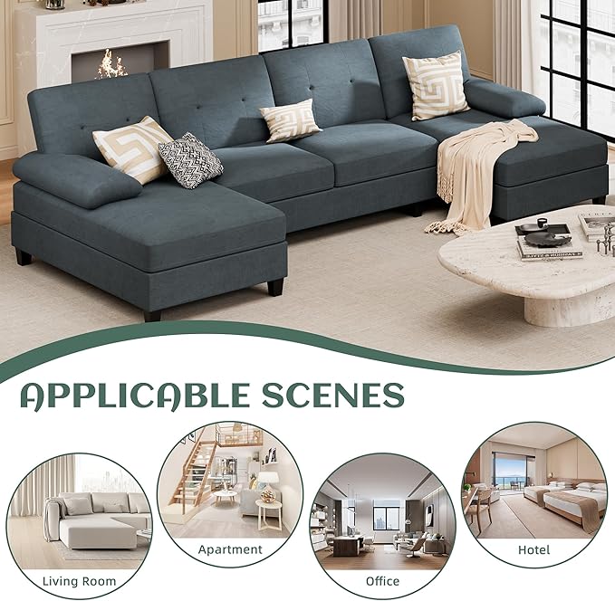 Vongrasig Sectional Couches for Living Room U-Shaped Sofa with Chaise 4-seat Large Sectional Modern Couch for Living Room Apartment (Gray)