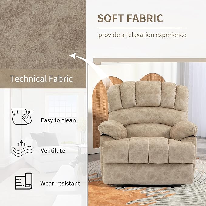 Luxlen Large Manual Recliner ChairSoft Fabric Push Back Recliner with Overstuffed Armrest and Backrest Living Room Single Sofa ReclinersBeige