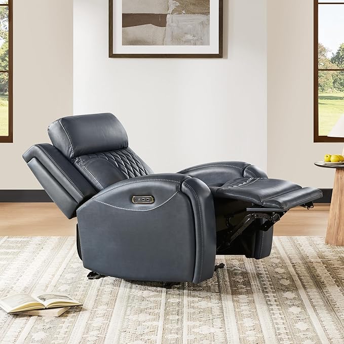 CHITA Genuine Leather Recliner Chair for Adults with Adjustable Power Headrest Lay Flat Power Recliner with Slide-Out Cupholders &amp USB/Type-C Ports Living Room Chair Navy Blue