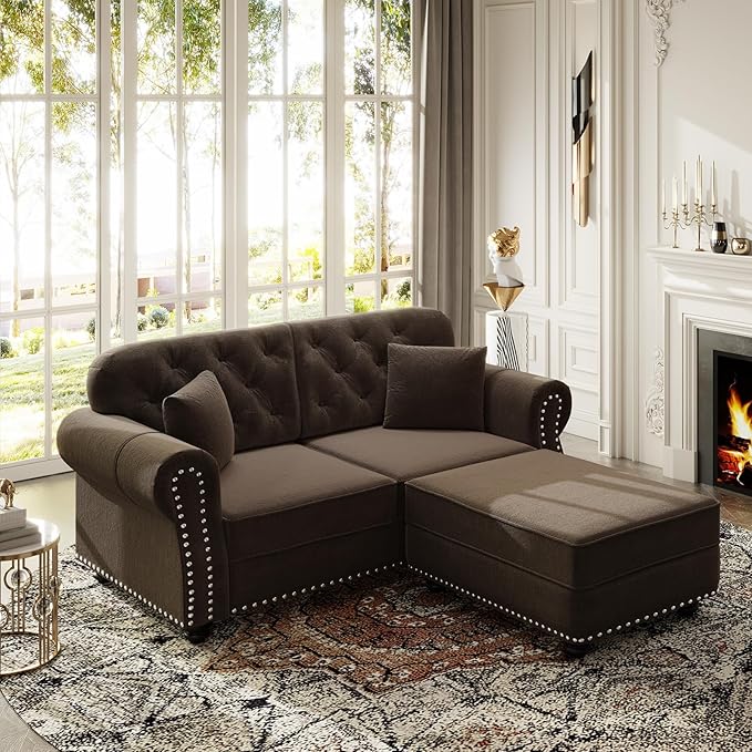 4 Pieces Chesterfield Sofa Set with Ottoman 1&amp 2&amp 3 Seater Comfy Tufted Velvet Couch with Rolled Arms &amp 6 Pillows Mid Century Modern Couch and Loveseat Vintage Living Room Sets Furnitur