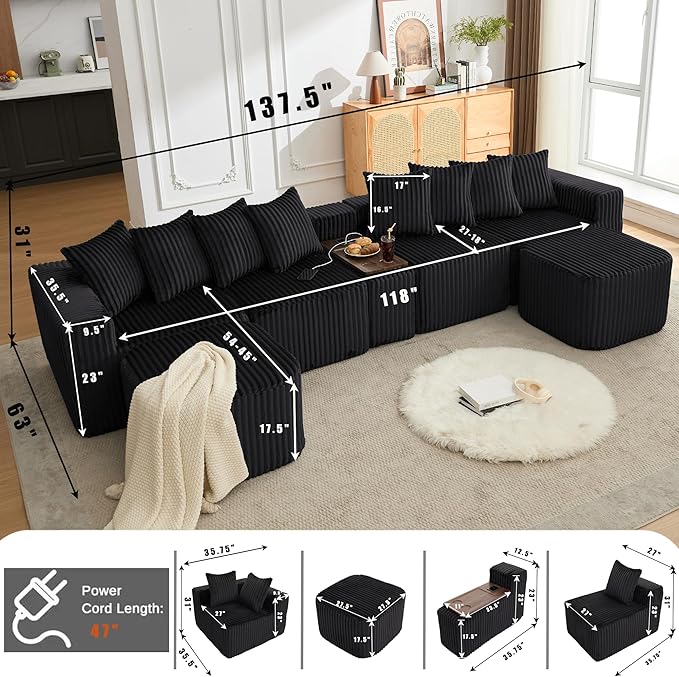 137.5 U Shaped Sofa Couch with USB Wireless Charge &amp Coffee Table Board with a Cup Holder 6 Seats Oversize Modular Corduroy Sectional SofaNo Assembly Black