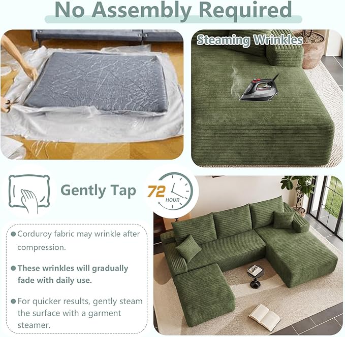 Modular Sectional Sofa Cloud Sectional Couch 95 Comfy Fluffy U-Shaped Couches for Living Room Deep Seat Memory Foam Plush Corduroy Boneless Couch Sectionals No Assembly (GreenRight-Facing Chaise)
