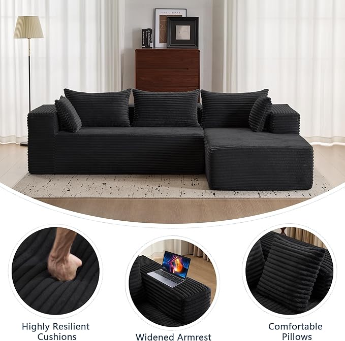107 Modular Sectional Couch with L-Shape ChaiseBoneless Sofa for Living RoomModern Cloud Couch with Deep SeatNo Assembly RequiredLovesetBlack(Right Facing Chaise)