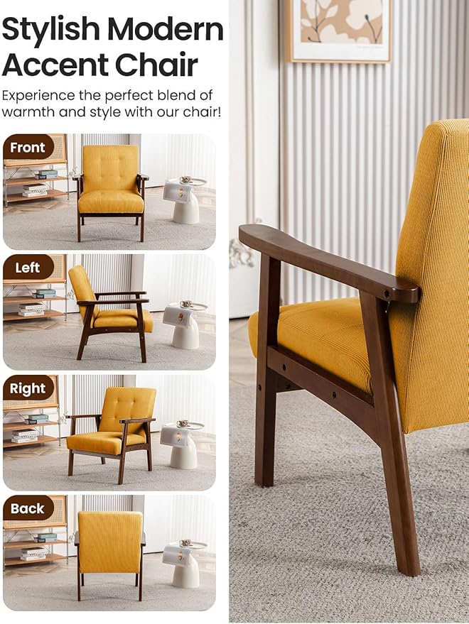 Mid Century Modern Accent Chairs for Living Room Comfy Bedroom Chairs for AdultsSmall Wide Reading Nook Arm Chair 105° Ergonomic Cozy Ginger Corduroy Armchair with Rubber Wood