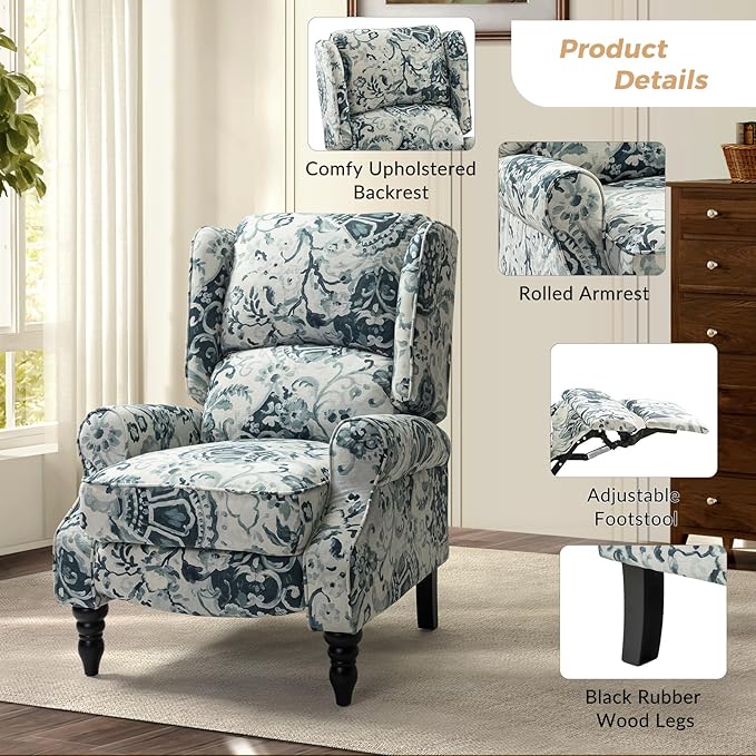 HULALA HOME Upholstered Wingback Recliner Chair Small Adjustable Footrest Push Back Single Reclining Sofa Mid Century Modern Lounge Armchair for Living Room Bedroom Reading/Floral