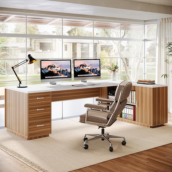 Tribesigns 85.8-Inch L-Shaped Executive Desk with File Drawers Door Cabinet &amp Shelves Extra Large Commercial Office Desk Modern Professional Office Table White &amp Brown Business Furniture