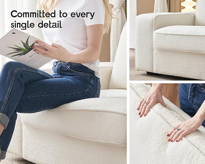AMERLIFE Bouclé Sofa Chair Modern Comfy Couch with Cup Holders &amp USB Charging Ports for Living Room Off-White Upholstered Couch