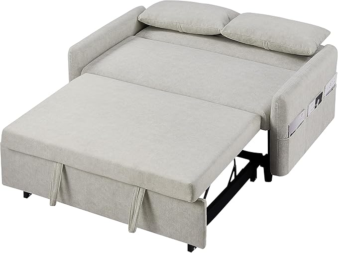 55.1 Pull Out Sofa Bed 2 Seater Loveseats Sofa Couch with Adjustable Backrest Storage Pockets 2 Soft Pillows Convertible Sleeper Sofa Bed for Living Room Bedroom Apartment Office (Beige 091)