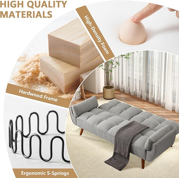 75 Convertible Futon Sofa Bed Sleeper Couch Bed with Adjustable Backrest Small Couches for Small Spaces Living Room Bedroom and Office (Gray)