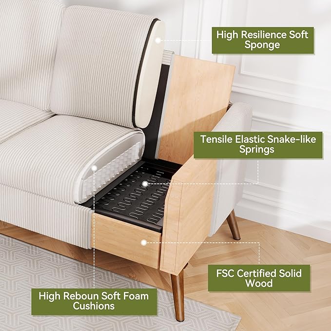 68 Loveseat Sofa Comfy White Corduroy Couches for Living Room Mid Century Modern Love Seat Sofa Tool-Free Setup Small Couches for Bedroom Office