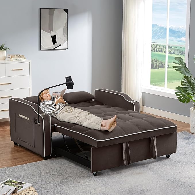 Antetek Sleeper Sofa Couch Bed with USB &amp Type C Port Modern 3-in-1 Convertible Velvet Pull Out Loveseat Futon Sofa w/Phone Holder/Cup Holder for Living Room Apartment Adjustable Backrest Coffe