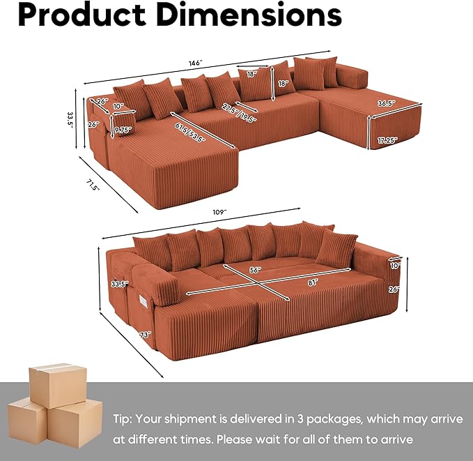 Oversized Cloud Boneless Couch with Chaise Modern Modular Corduroy Sofa with Deep Seat Various Combinations Upholstered Couches with Storage No Assembly Required-Orange