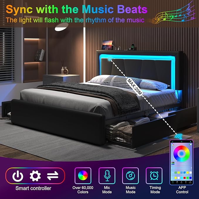 Queen Size Bed Frame with 4 Storage Drawers and LED Lights Upholstered Platform Bed with Adjustable Headboard and Charging Station Metal Slats Support No Box Spring NeededEasy Assembly Black
