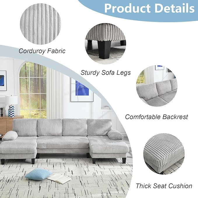114 Cloud Couch Modular Sectional Sofa Convertible U-Shaped Couch with Double Chaise Lounge Corduroy Upholstery Sofa Double Cushions Deep Seat Sleeper Sofas Couches for Living Room Light Grey