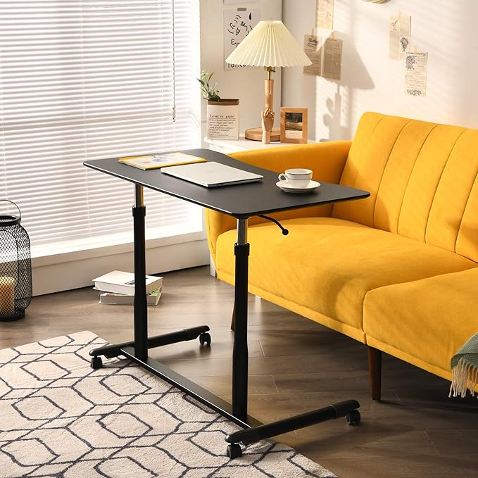 Tangkula Mobile Standing Desk Computer Desk Height Adjustable Stand Up Table with 4 Wheels Rolling Compact Standing Desk with Steel Frame MDF PVC Tabletop Ideal for Home Office (Black)
