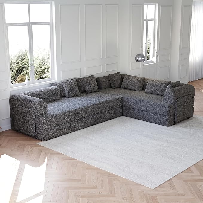 Convertible Floor Sofa Bed 79 Compression Sofa Foldable Sleeper Couch Bed Modular Sectional Comfy Loveseat 4-Seater No Assembly Required for Living Room Guest Room Chenille Fabric Grey