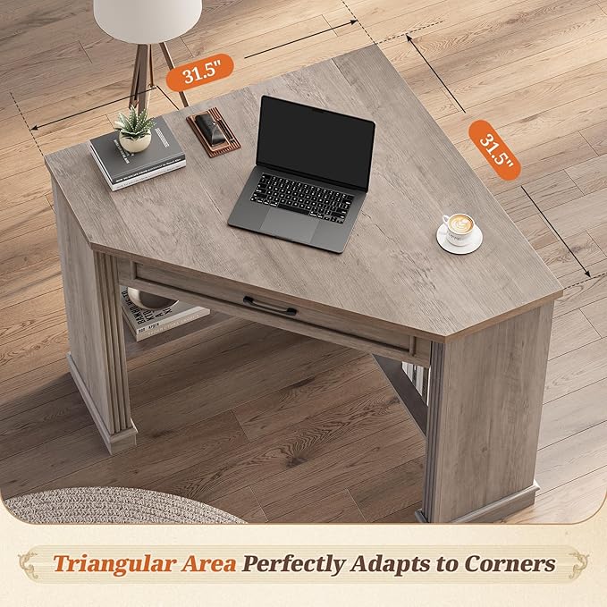 SEDETA 31.5 Small Corner Desk Corner Desk for Small Space Farmhouse Computer Desk with Drawers Triangle Computer Desk with Storage Shelves for Home Office Living Room Bedroom Gray