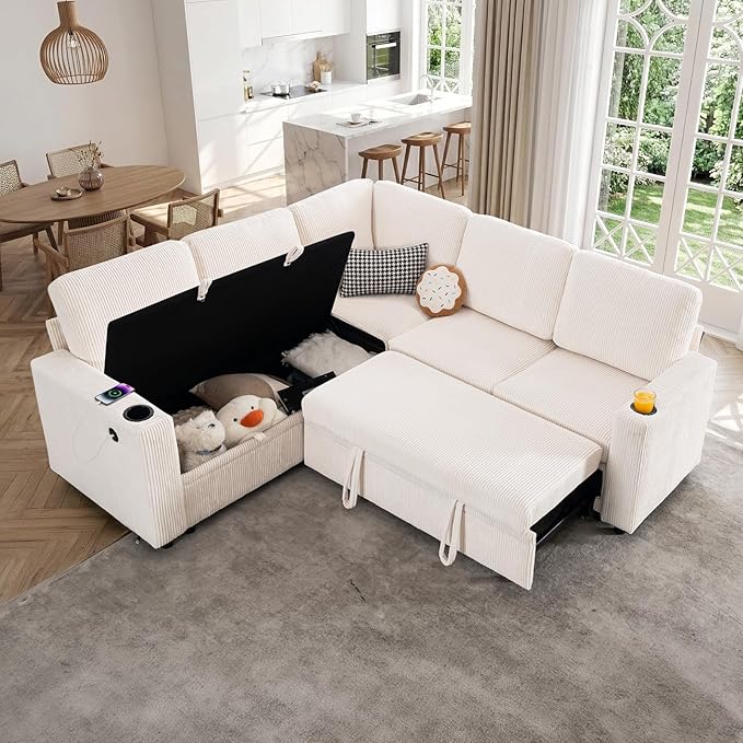 83 Sleeper Couch with Pull Out Sofa Bed 5-Seater Sectional Couches for Living Room L-Shaped Couch with Storage USB Port &amp Cup Holder Corduroy Convertible Corner Sofa for Apartment