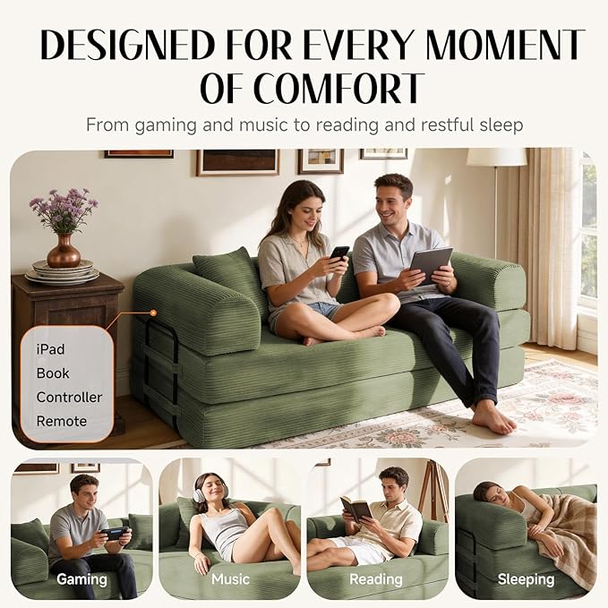 79 Corduroy Sofa Bed Boneless Couch in a Box with 2 Pillows High-Density Foam 4-in-1 Foldable Sleeper Futon Loveseat for Small Spaces No Assembly Side Pockets Green