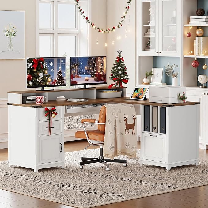 Farmhouse 69 Executive L Shaped Desk with Drawer Home Office Desk with Charging Station Corner Computer Desk with Monitor Stand File Drawer Storage Cabinet White and Walnut