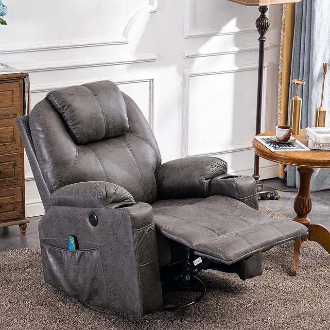 Swivel Glider Rocker Recliner Chair with Heated Massage Ergonomic Lounge 360 Degree Manual Swivel Sofa Seat with 2 Cup Holders Side Pockets &amp USB Ports for Living Room (Gray)