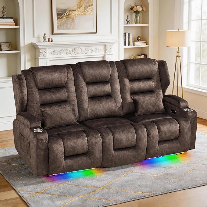SAMERY Loveseat Recliner Sofa Power Reclining Loveseat Sofa Wall Hugger Recliners RV Couch with Flip-Backrest Solid Wood Top Ambient LED Lights USB-C Outlets Velvet Chestnut | Extra Wide Seat
